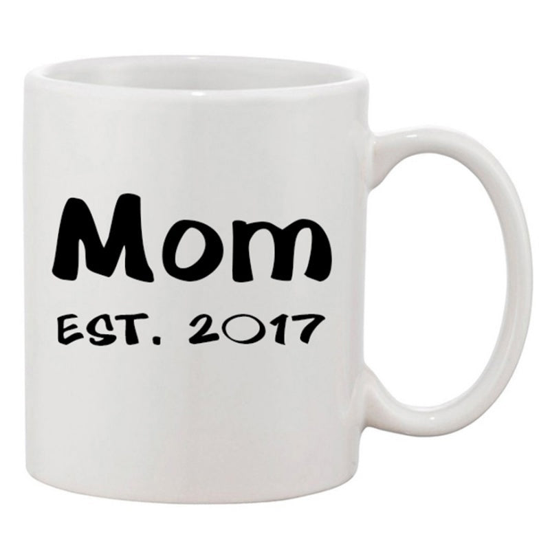 Tailorly White Ceramic 11 oz Mug - Mom EST 2017 Elegant Minimalist Design Featuring Bold Black Lettering On Smooth