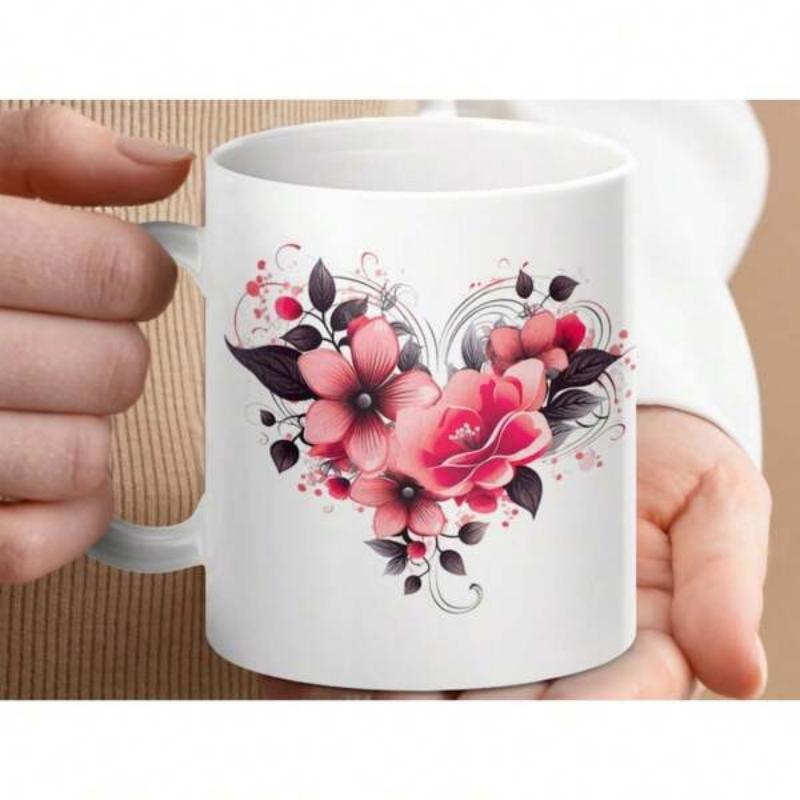 Tailorly White Ceramic 11 oz Mug - Elegant Pink Blossoms Mixed With Dark Leaves Forming A Delicate Heart