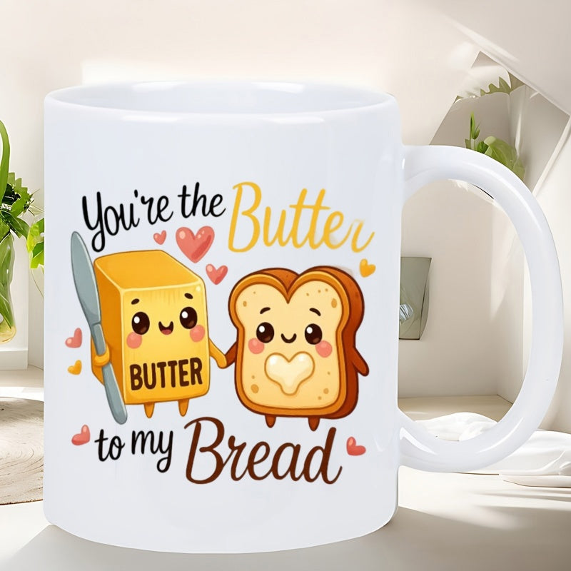 Tailorly White Ceramic 11 oz Mug - Youre The Butter To My Bread Cute Smiling Cartoon Characters Holding Hands Among Tiny Red Hearts Toast