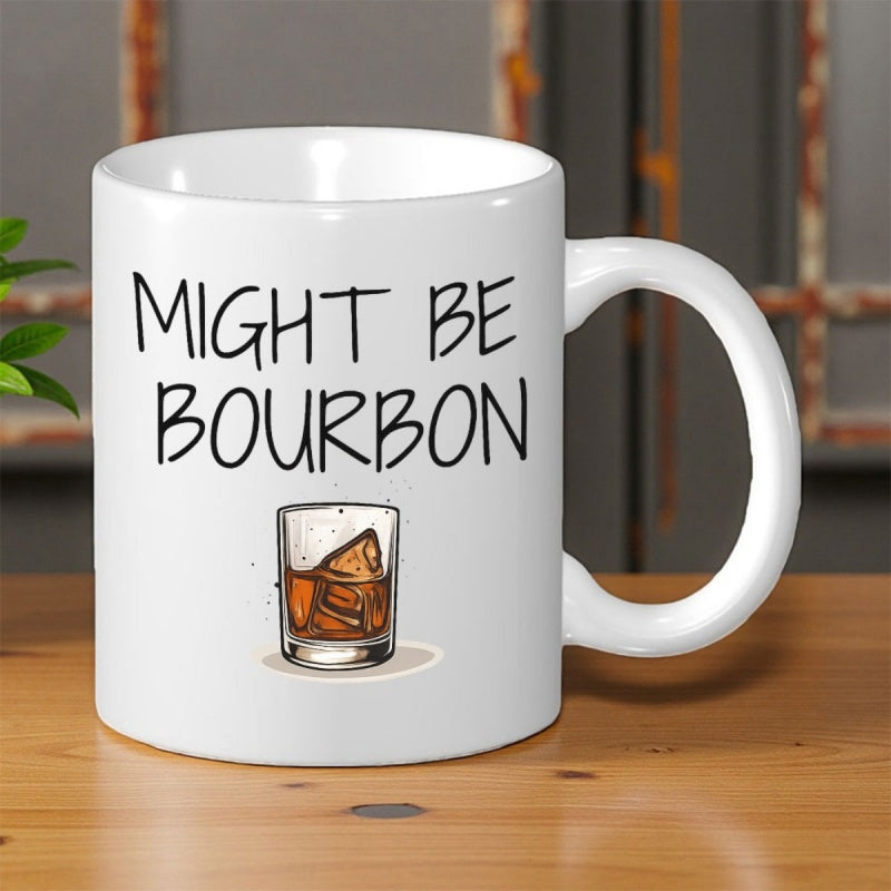 Tailorly White Ceramic 11 oz Mug - Might Be Bourbon Minimalist Hand Drawn Style Illustration Of A Refreshing Whiskey On Ice Glass