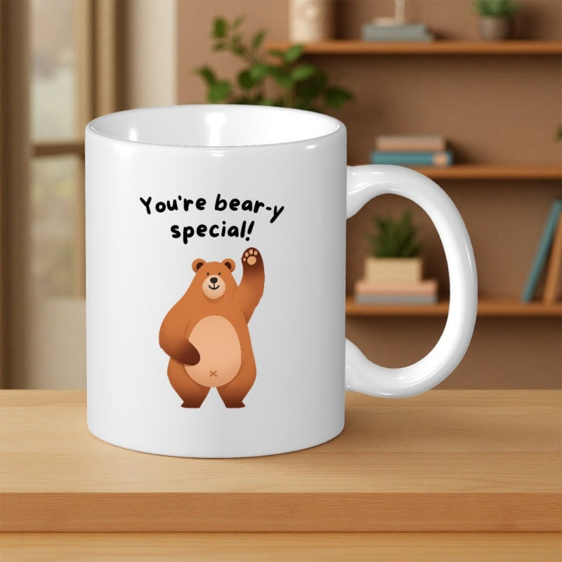 Tailorly White Ceramic 11 oz Mug - Youre Beary Special Friendly Brown Animal Waving Hand Standing Centered In Minimalist Style Bear