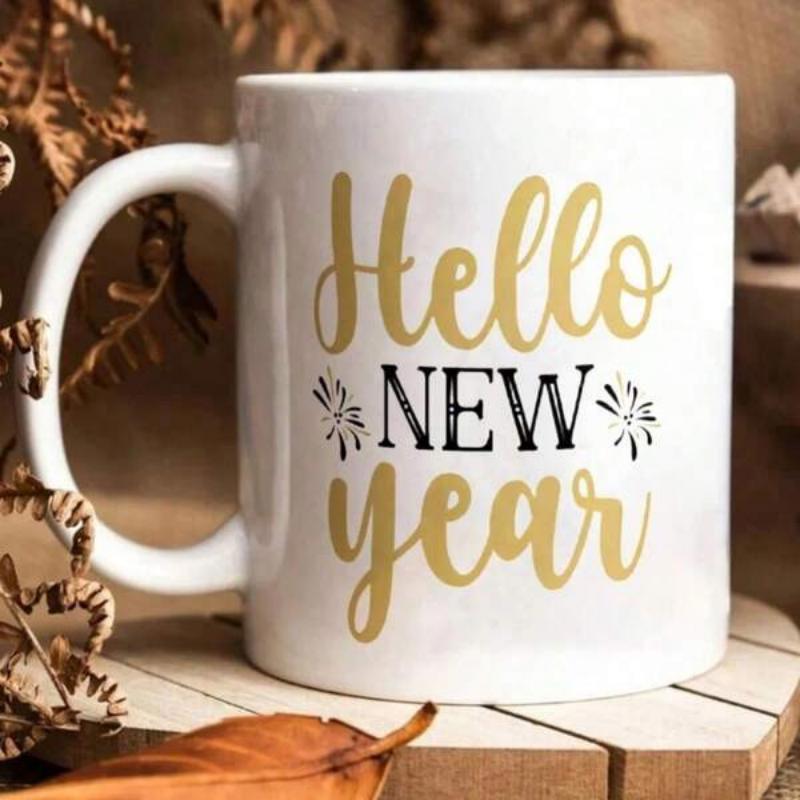 Tailorly White Ceramic 11 oz Mug - Hello New Year Festive Golden Script And Black Serif Lettering For Seasonal Celebration Mug