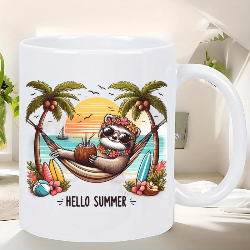 Tailorly White Ceramic 11 oz Mug - Hello Summer Relaxing In A Hammock Between Palm Trees At Tropical Sunset Beach Sloth
