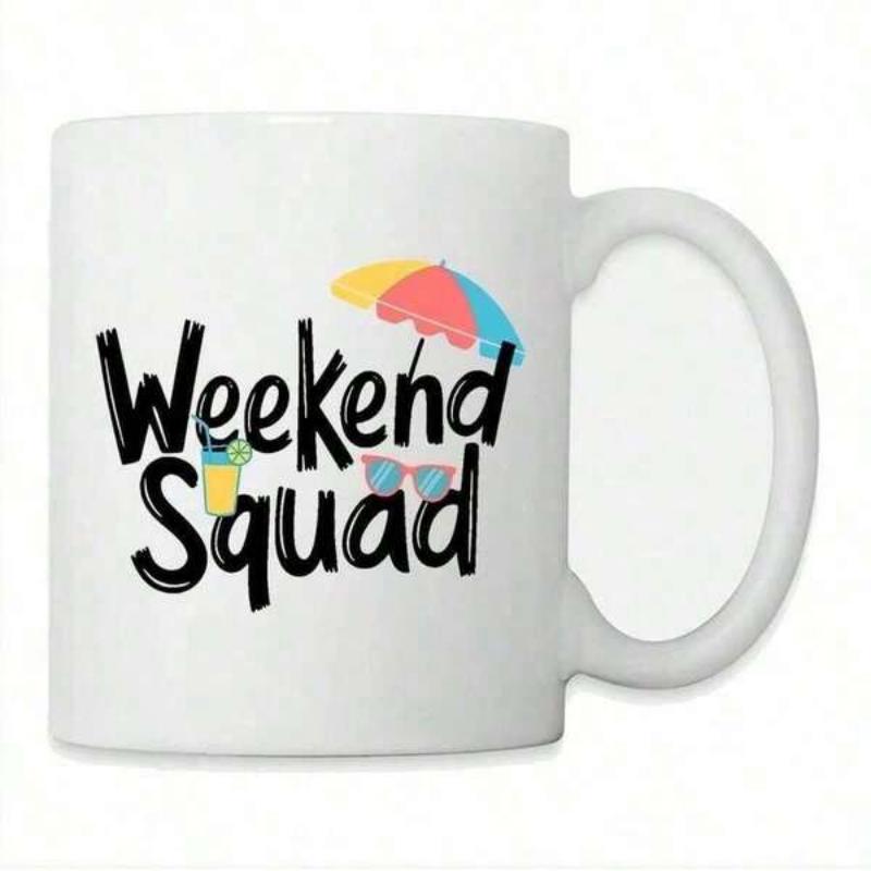 Tailorly White Ceramic 11 oz Mug - Weekend Squad Colorful Beach Umbrella With Tropical Cocktail And Sunglasses Summer Art