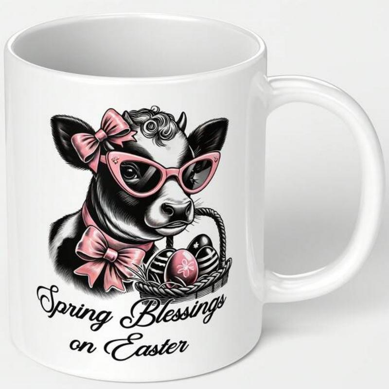 Tailorly White Ceramic 11 oz Mug - Spring Blessings On Easter Adorable Cow Wearing Pink Sunglasses And Bows Holding An Easter Basket Cow