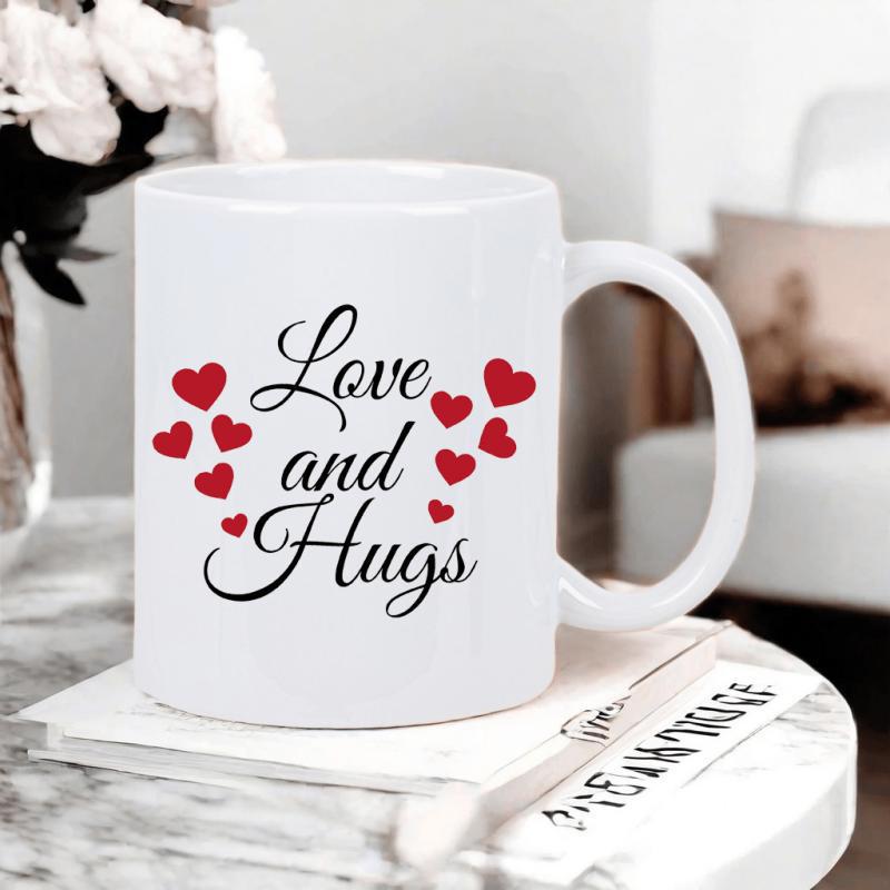 Tailorly White Ceramic 11 oz Mug - Love And Hugs Delicate Red Symbols Floating Among Graceful Script In A Romantic Heart