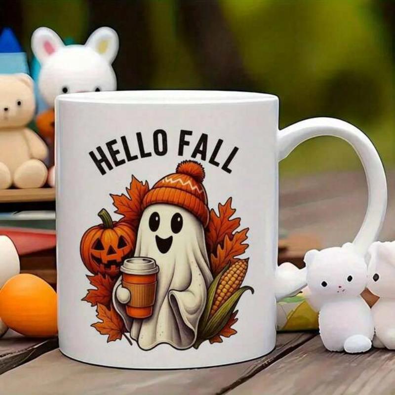 Tailorly White Ceramic 11 oz Mug - Hello Fall Cute Cartoon Figure Wearing Orange Beanie Holding Coffee Cup Among Autumn Leaves Ghost