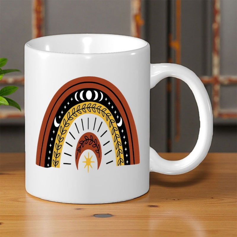 Tailorly White Ceramic 11 oz Mug - Minimalist Earthy Toned Arc With Celestial Moon Phases And Botanical Vine Rainbow