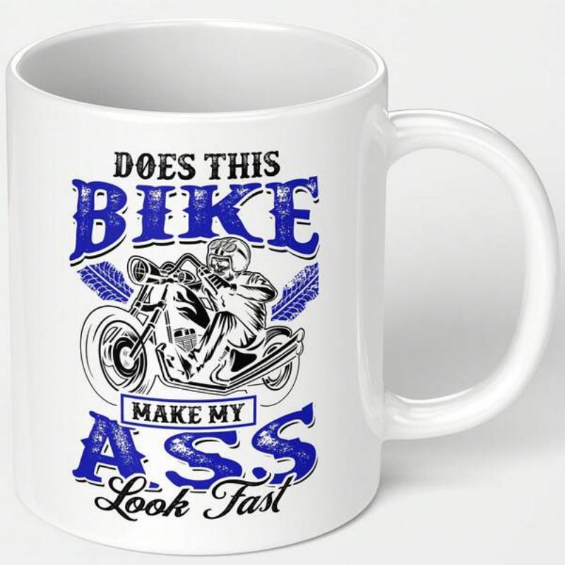 Tailorly White Ceramic 11 oz Mug - Does This Bike Make My Ass Look Fast Powerful Vintage Style Rider On Chopper With Distressed Texture Background Motorcycle