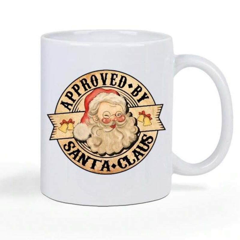 Tailorly White Ceramic 11 oz Mug - Approved By Santa Claus Vintage Festive Seal With Jolly Face And Golden Decorative Bells Santa Claus