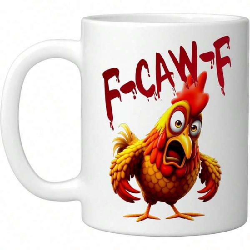 Tailorly White Ceramic 11 oz Mug - F Caw F Surprised Cartoon Rooster With Wide Eyes And Vivid Orange Feathers Chicken