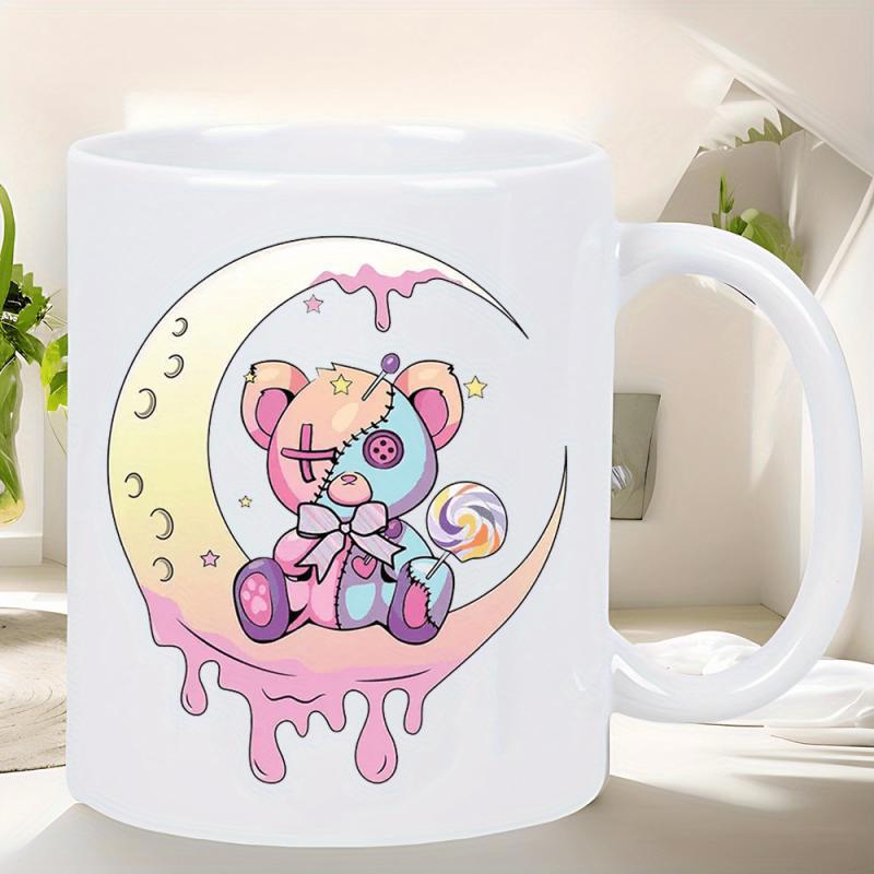 Tailorly White Ceramic 11 oz Mug - Cute Stitched Pastel Aesthetic Design Resting On Drip Style Crescent Moon Bear