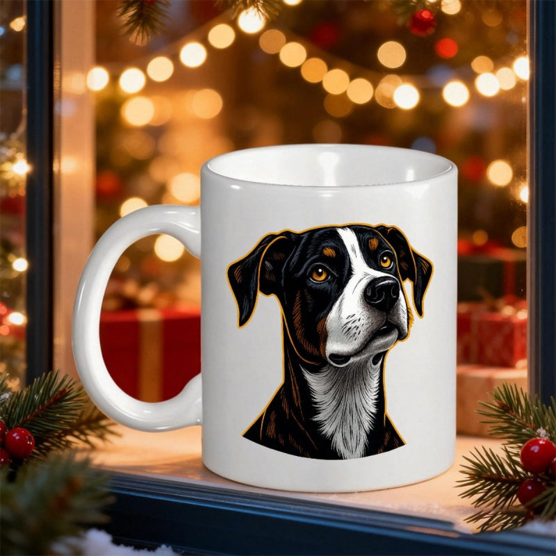 Tailorly White Ceramic 11 oz Mug - Majestic Mountain Dog Portrait With Detailed Black And White Fur Features Dog