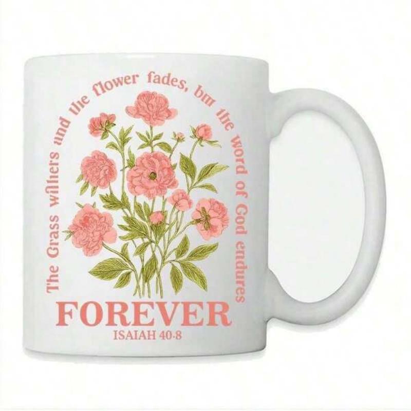 Tailorly White Ceramic 11 oz Mug - The Grass Withers And The Flower Fades But The Word Of God Endures Forever Isaiah 40 8 Blooming Pink Peonies With Green Leaves