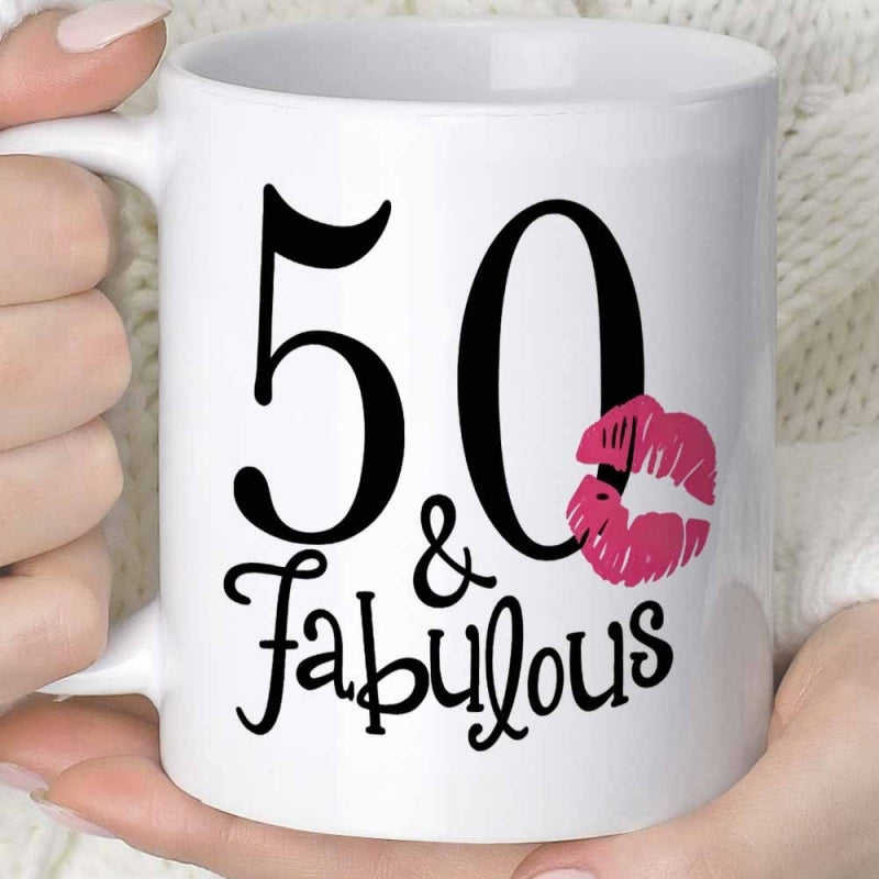 Tailorly White Ceramic 11 oz Mug - 50 Fabulous Vibrant Pink Lip Print Floating Beside Large Stylized Numerals Mug
