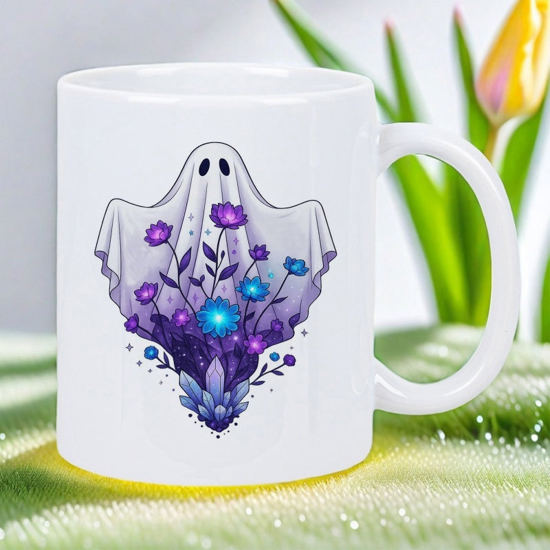 Tailorly White Ceramic 11 oz Mug - Graceful Sheet Ghost Filled With Blooming Purple Flowers And Glowing Crystals Ghost