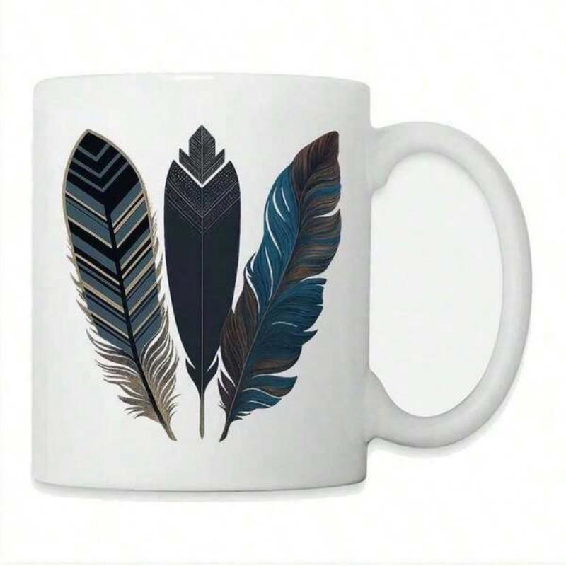 Tailorly White Ceramic 11 oz Mug - Elegant Tribal Boho Style With Detailed Geometric Patterns And Dark Tones Feather