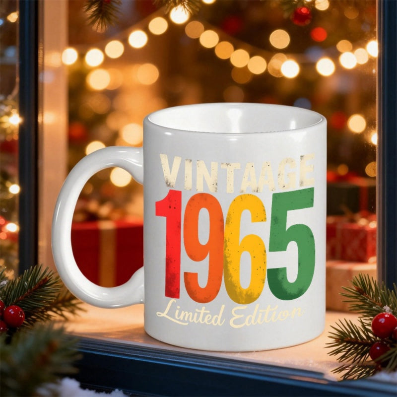 Tailorly White Ceramic 11 oz Mug - Vintage 1965 Limited Edition Colorful Distressed Numbers Displayed On A Festive Holiday Ledge Mug