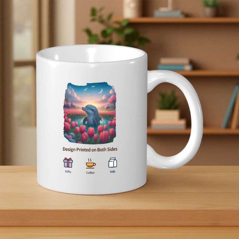 Tailorly White Ceramic 11 oz Mug - Design Printed On Both Sides Gifts Coffee Milk Sunset Scene With Serene Jumping Among Blooming Red Tulip Flowers Under Moonlight