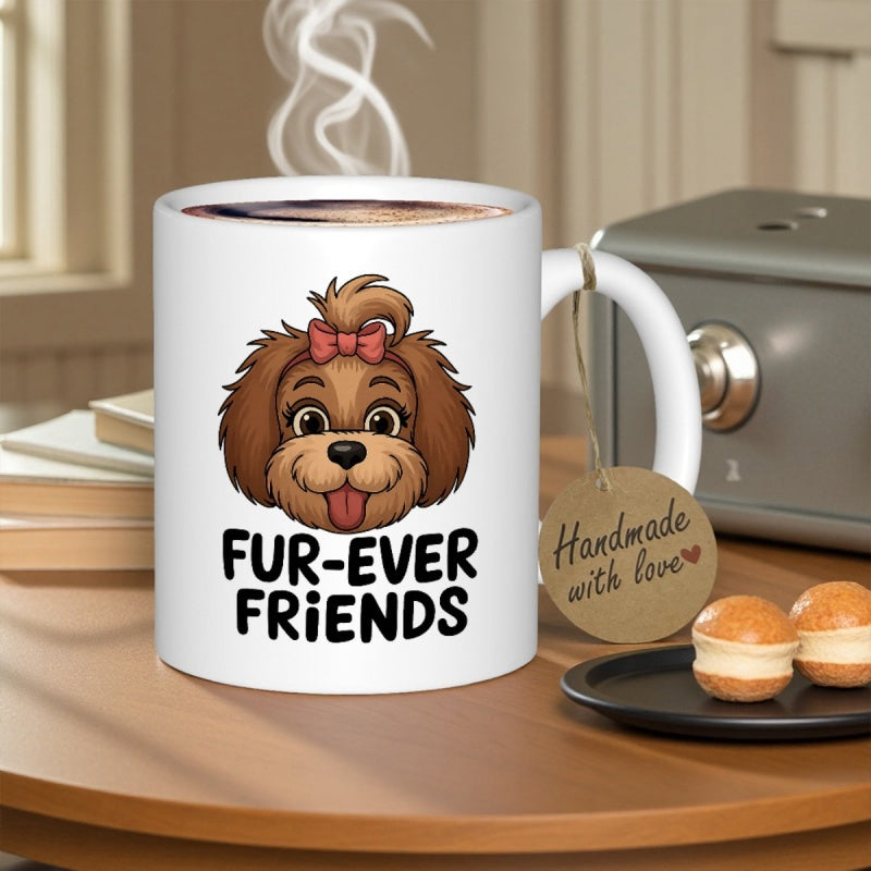 Tailorly White Ceramic 11 oz Mug - Fur Ever Friends Adorable Smiling Brown Puppy Head With Small Red Bow Dog