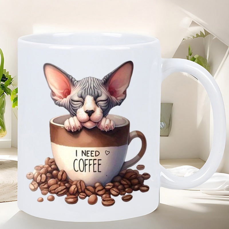 Tailorly White Ceramic 11 oz Mug - I Need Coffee Adorable Sphynx Peeking From A Small Coffee Cup Among Roasted Beans Cat