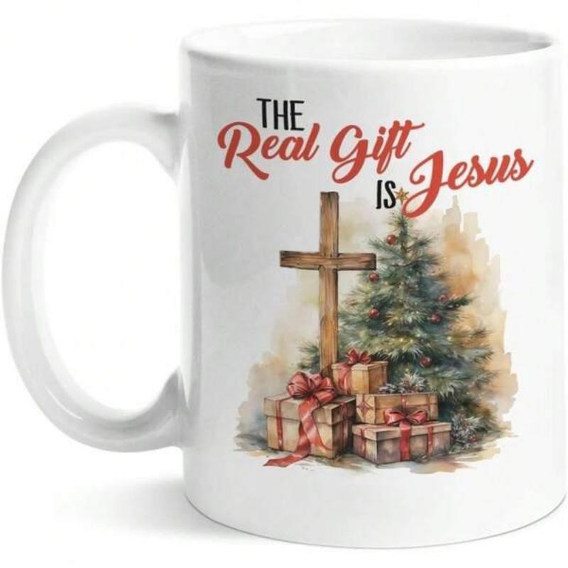 Tailorly White Ceramic 11 oz Mug - The Real Gift Is Jesus Rustic Wooden Cross Beside A Festive Christmas Tree And Gifts Cross
