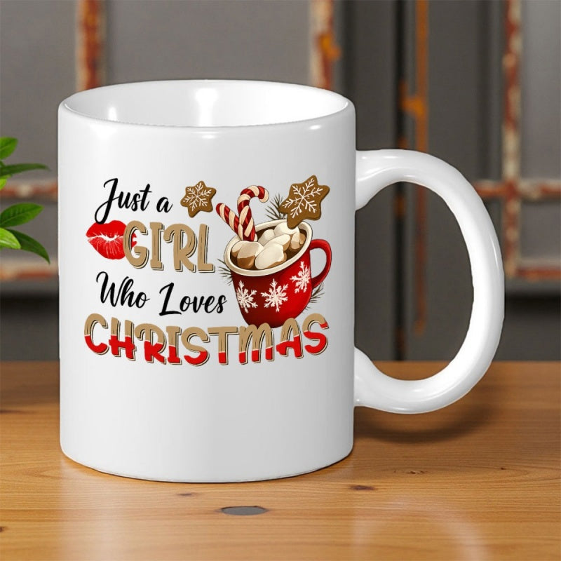 Tailorly White Ceramic 11 oz Mug - Just A Girl Who Loves Christmas Festive Holiday Red Cup Filled With Hot Cocoa And Peppermint Candy Cane Mug