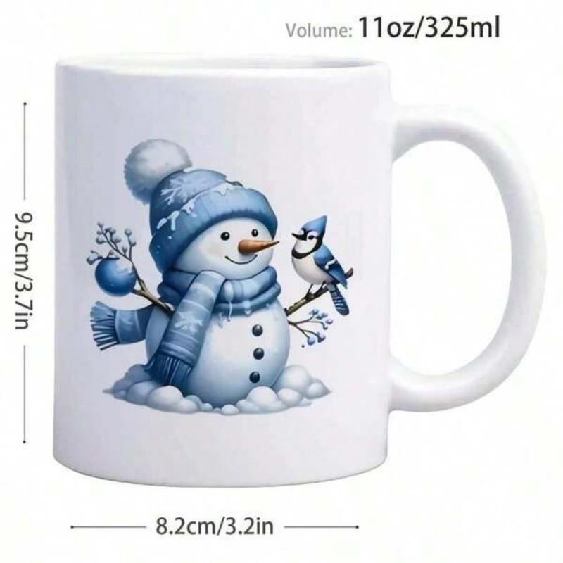 Tailorly White Ceramic 11 oz Mug - Charming Winter Scene Featuring A Blue Knitted Hat And Scarf Snowman