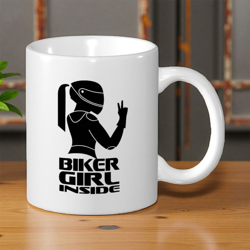 Tailorly White Ceramic 11 oz Mug - Biker Girl Inside Silhouette Female Rider With Helmet Making Peace Sign Biker