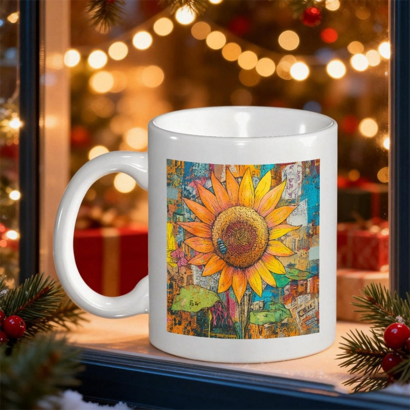 Tailorly White Ceramic 11 oz Mug - Vibrant Blooming Petals With Colorful Abstract Collage Background Under Warm Soft Festive Light Sunflower
