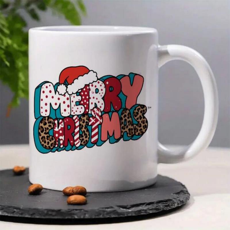 Tailorly White Ceramic 11 oz Mug - Merry Christmas Festive Bubble Letters Featuring Santa Hat And Leopard Print Sign