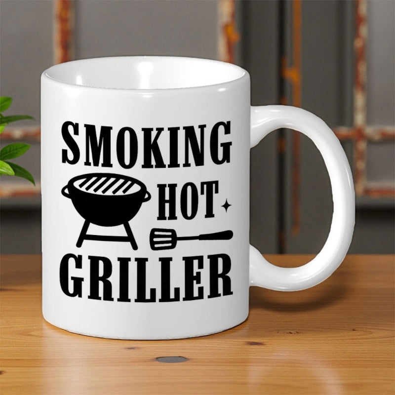 Tailorly White Ceramic 11 oz Mug - Smoking Hot Griller Classic Charcoal Kettle Grill With Spatula Used For Backyard Cooking Party Grill