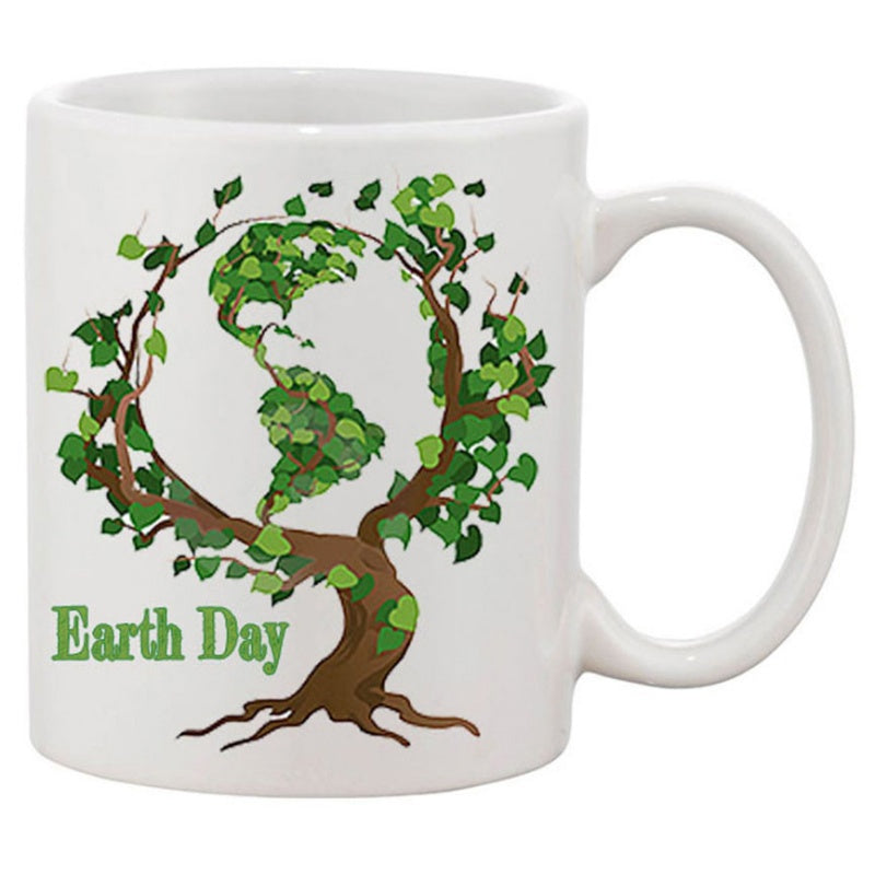 Tailorly White Ceramic 11 oz Mug - Earth Day Lush Green Leaves Forming A Globe Shape On A Sturdy Brown Tree