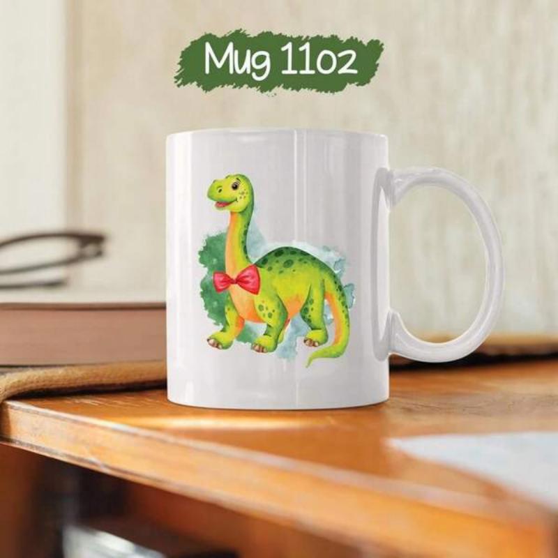 Tailorly White Ceramic 11 oz Mug - Charming Green Long Neck Brachiosaurus Wearing A Cute Red Bow Tie Dinosaur