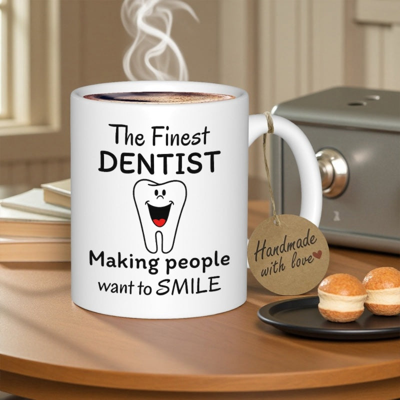 Tailorly White Ceramic 11 oz Mug - The Finest Dentist Making People Want To Smile Cheerful Cartoon Dental Character With Big Smile And Happy Expression Tooth