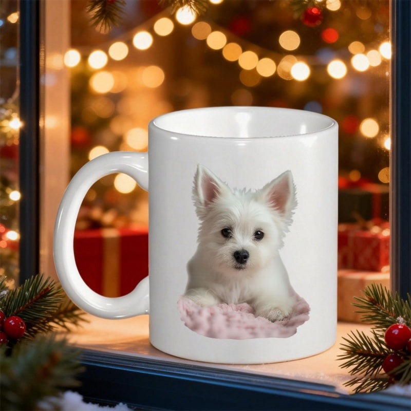 Tailorly White Ceramic 11 oz Mug - Adorable Fluffy White Terrier Sitting On Soft Pink Textured Blanket Puppy