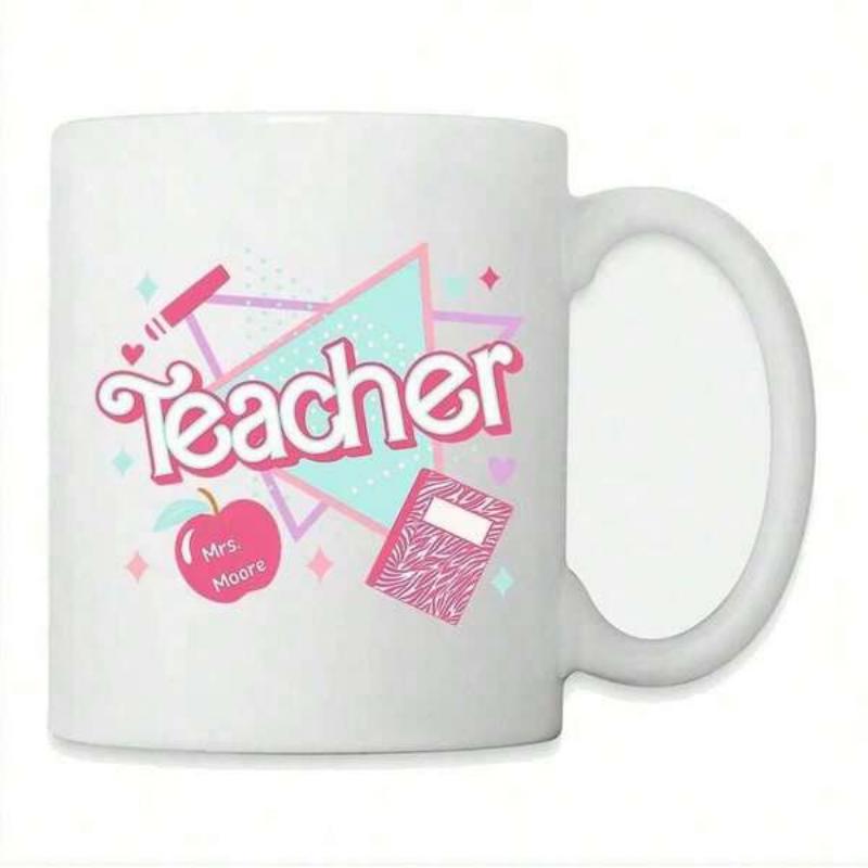 Tailorly White Ceramic 11 oz Mug - Teacher Educational Supplies Including Pink Apple And Composition Book With Pastel Shapes Teacher