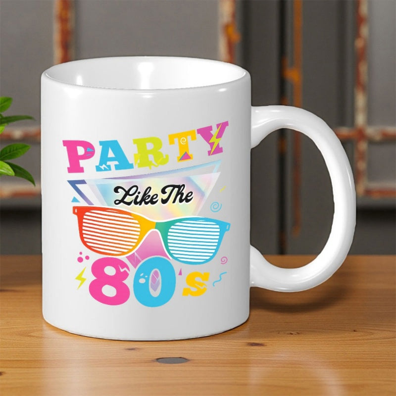 Tailorly White Ceramic 11 oz Mug - Party Like The 80s Vibrant Retro Neon Shutter Shades Amidst Geometric Triangles And Lightning Bolts Sunglasses