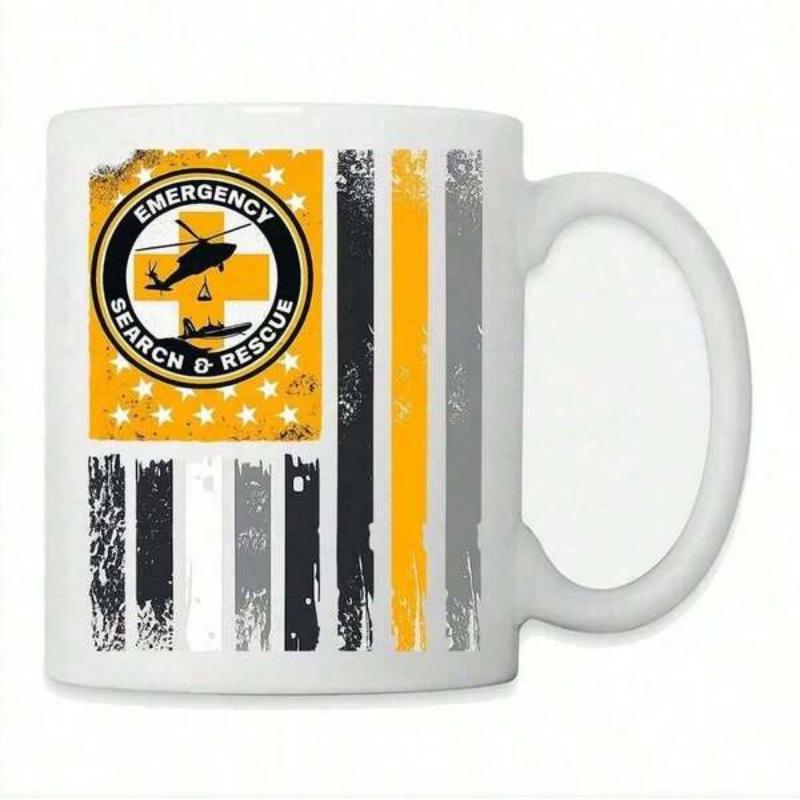 Tailorly White Ceramic 11 oz Mug - Emergency Search Rescue Distressed Orange Stripes Graphic With Helicopter Silhouette And Bold Patriotic Stars Flag