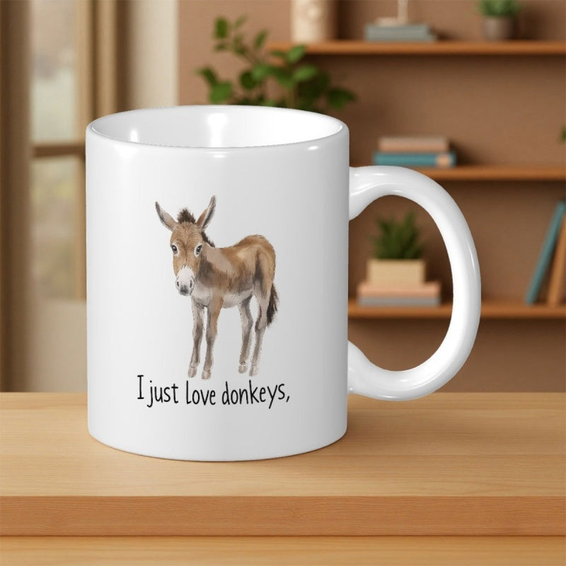 Tailorly White Ceramic 11 oz Mug - I Just Love Donkeys Detailed Hand Painted Brown Animal Standing On White Surface Donkey