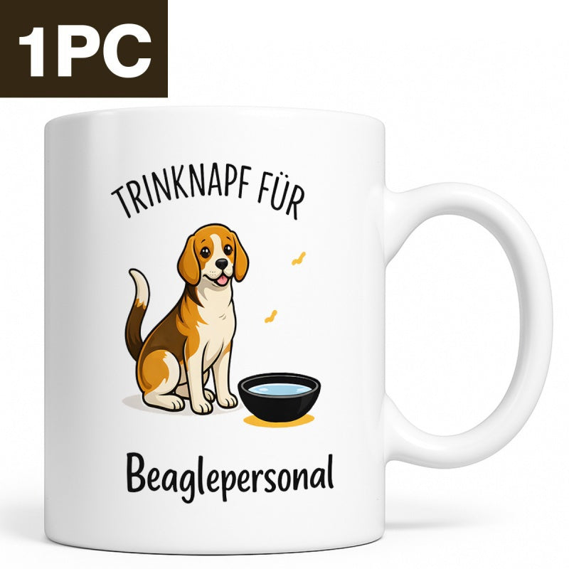 Tailorly White Ceramic 11 oz Mug - Adorable Cartoon Dog Sitting Gracefully Beside A Small Water Bowl Beagle