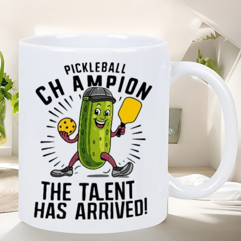 Tailorly White Ceramic 11 oz Mug - Pickleball Champion The Talent Has Arrived Smiling Cartoon Character Playing Sport With Yellow Paddle And Ball Pickle