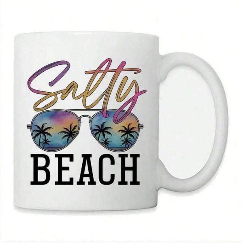 Tailorly White Ceramic 11 oz Mug - Salty Beach Tropical Sunset Scene With Palm Trees Reflecting In Aviator Sunglasses