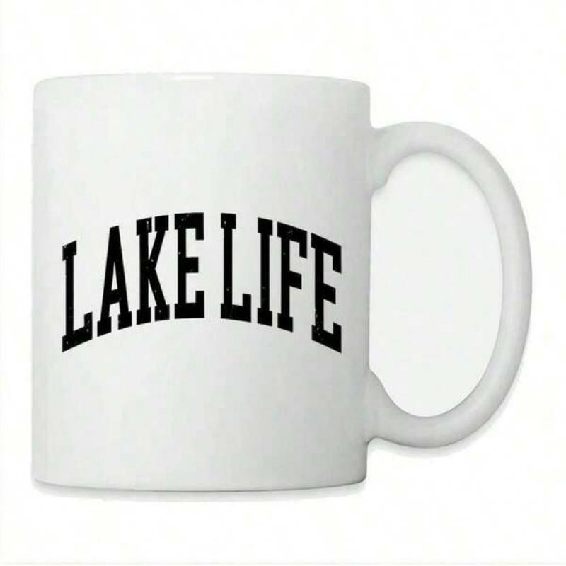 Tailorly White Ceramic 11 oz Mug - Lake Life Bold Arched Black Text In Collegiate Block Style Lettering