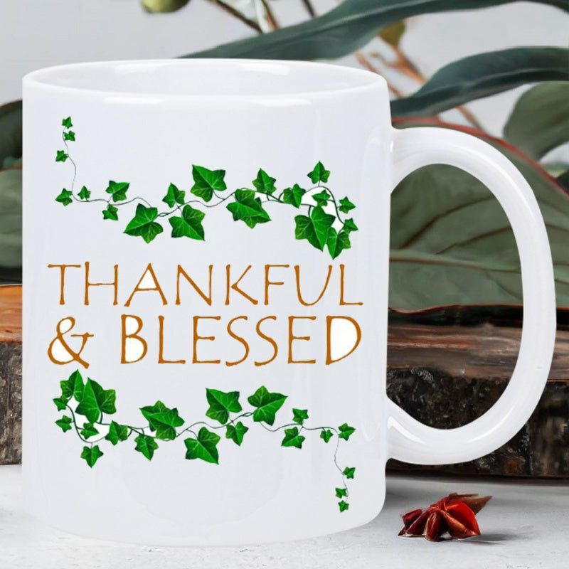Tailorly White Ceramic 11 oz Mug - Thankful Blessed Vibrant Green Ivy Leaves Wrapping Around Elegant Golden Script Text Vine