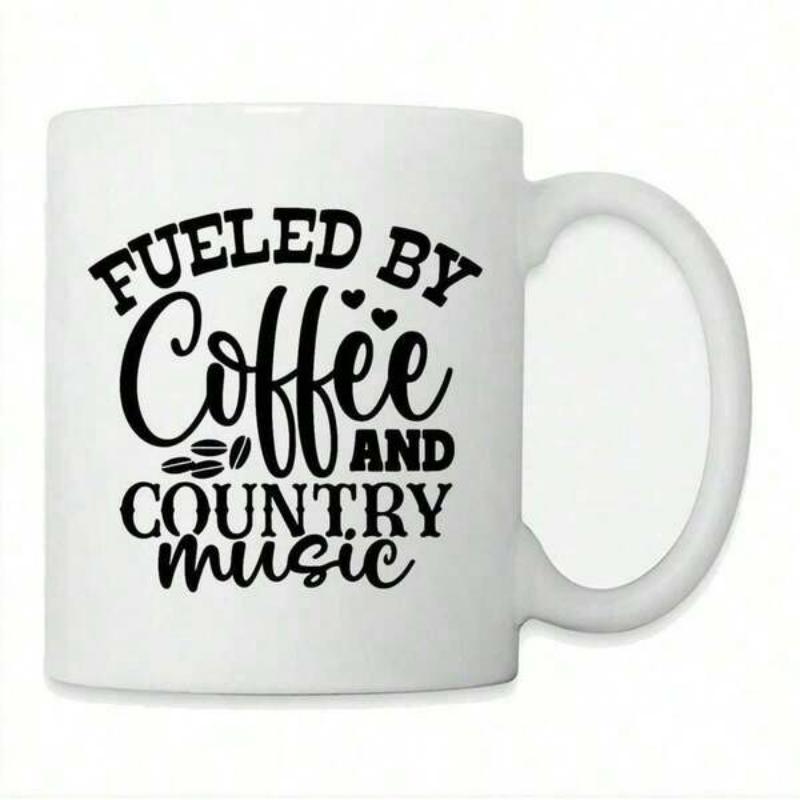 Tailorly White Ceramic 11 oz Mug - Fueled By Coffee And Country Music Artistic Bold Script Typography Accompanied By Miniature Hearts And Coffee Beans Mug