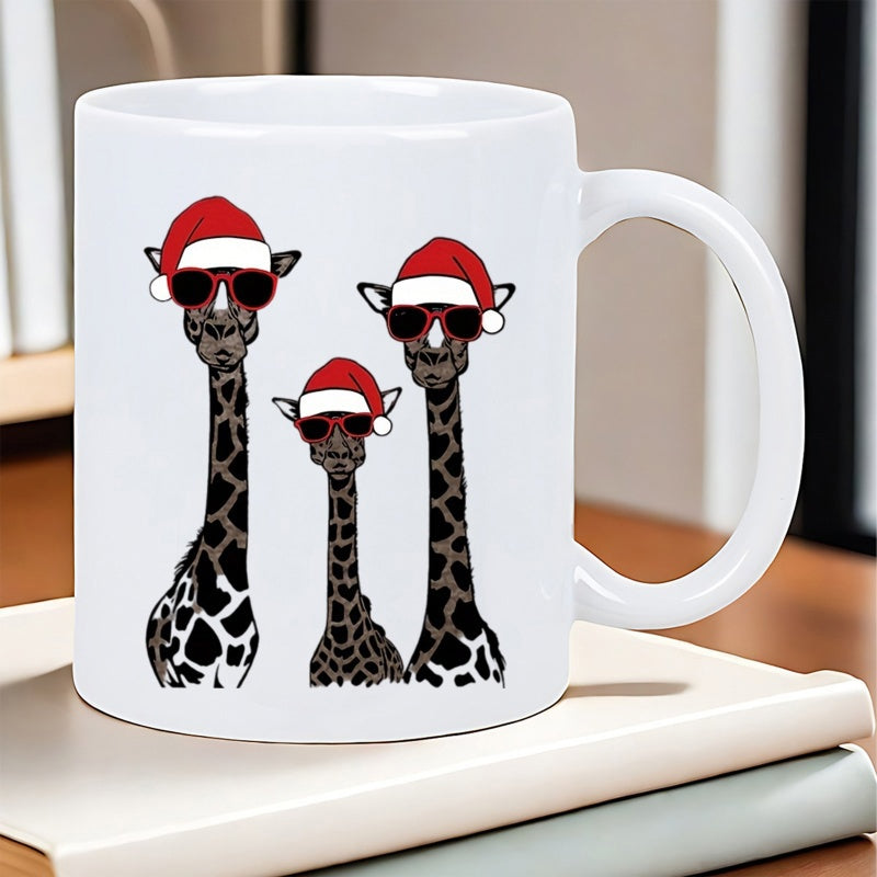 Tailorly White Ceramic 11 oz Mug - Festive Holiday Animals Wearing Red Santa Hats And Dark Sunglasses Giraffe