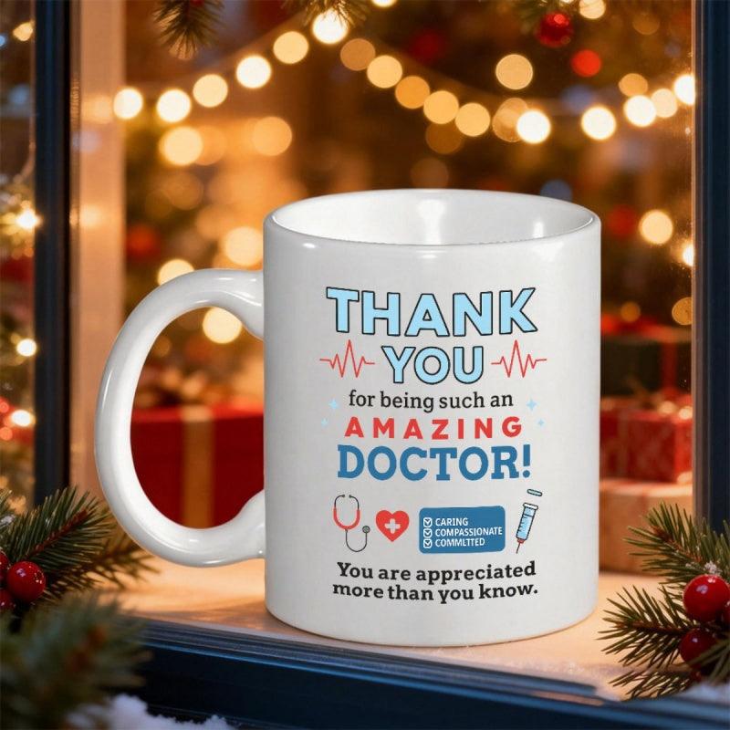 Tailorly White Ceramic 11 oz Mug - Thank You For Being Such An Amazing Doctor Medical Stethoscope Heartbeat And Syringe Icons Among Heart Elements Mug