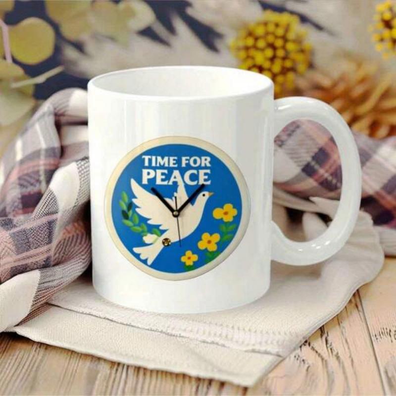 Tailorly White Ceramic 11 oz Mug - Time For Peace Peaceful White Bird Carrying Olive Branch Behind Black Clock Hands And Blossoms Dove
