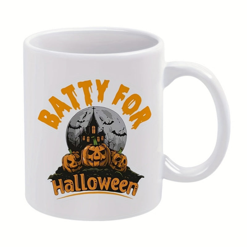 Tailorly White Ceramic 11 oz Mug - Batty For Halloween Spooky Jack O Lanterns Guarding Haunted House Under Full Moon Silhouette Pumpkin